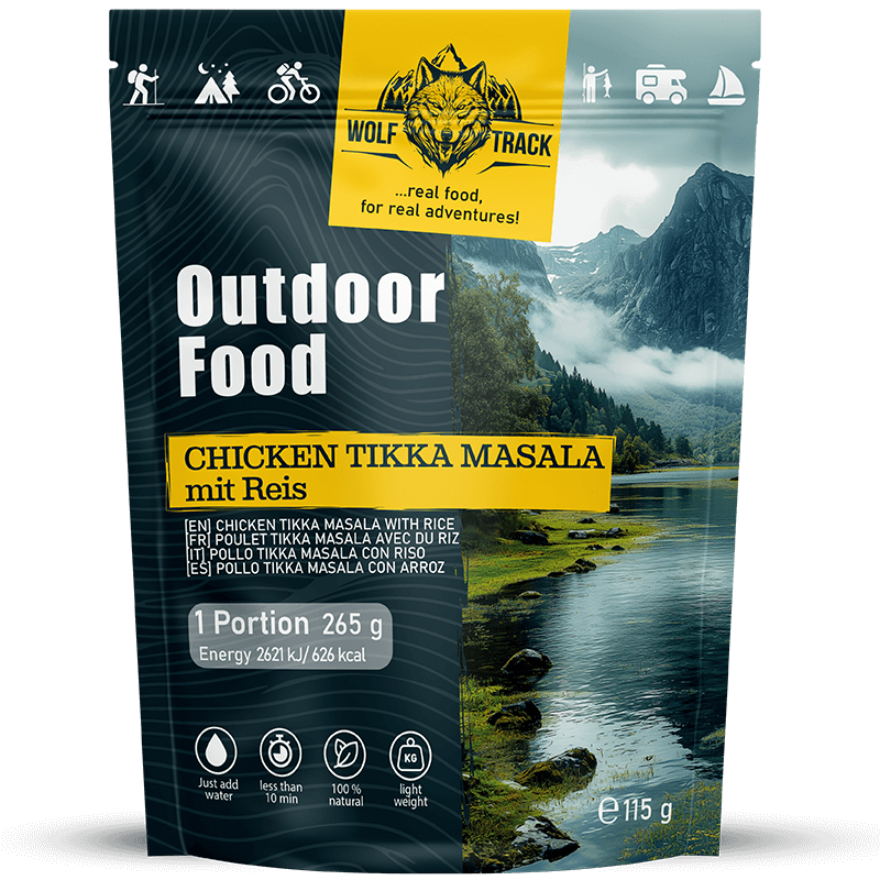 Beutel Chicken Tikka Masala mit Reis – aromatisches Outdoor-Gericht in 10 Minuten