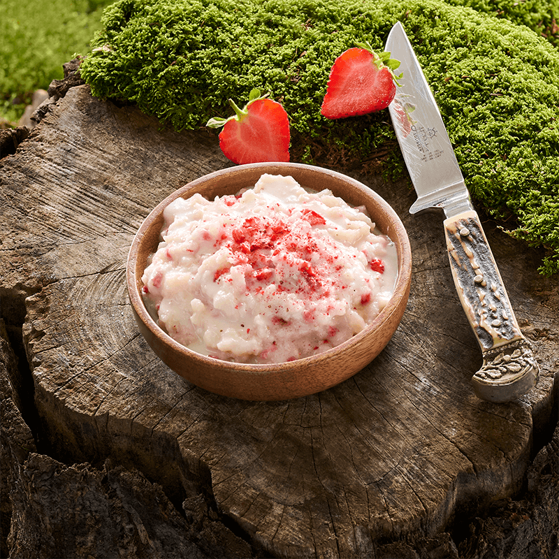 Cremiger Milchreis mit Erdbeeren – gefriergetrocknetes Dessert