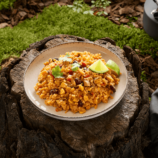 SaftigescChicken Fajita mit Reis auf einem Teller in würziger Fajita-Sauce mit lockerem Reis